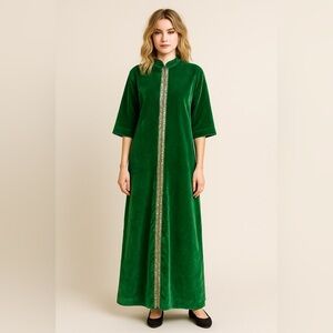 Vintage Velvet House Coat Maxi Dress emerald Green